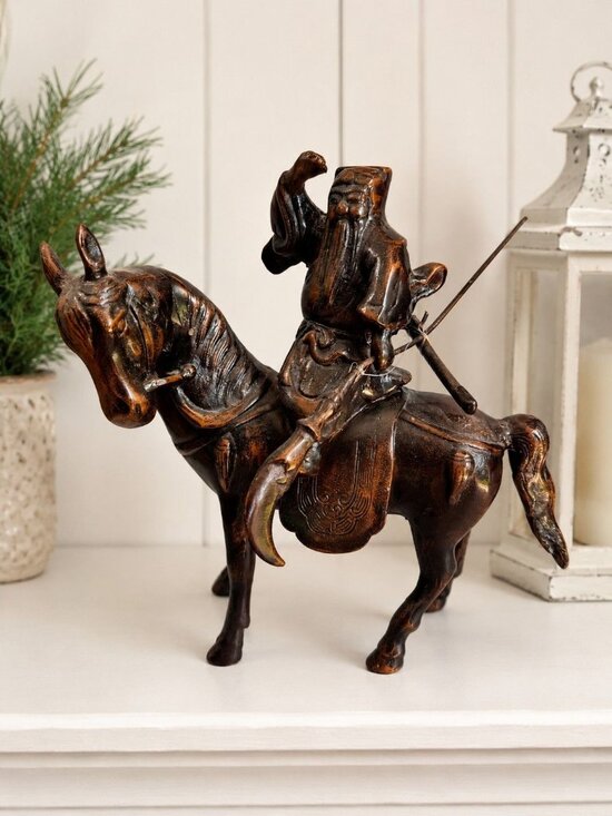 N/A Other - Antique Chinese Guan Yu Kwan Kung Cast Iron Bronze Finish Statue on Horse 10"